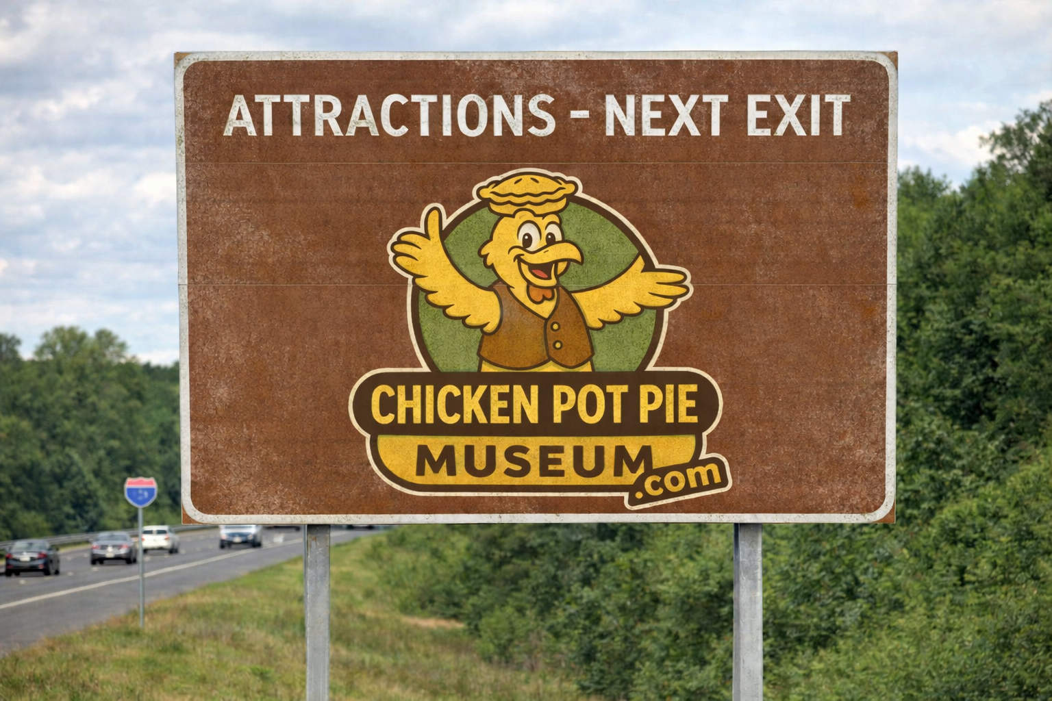 Highway sign for Chicken Pot Pie Museum